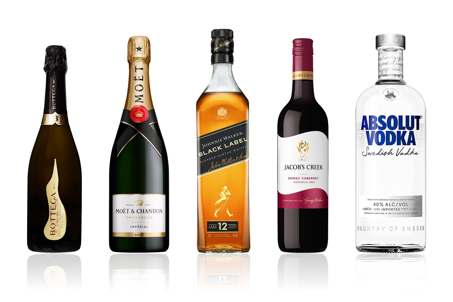 Bottega prosecco, Moët & Chandon champagne, Johnnie Walker Black Label, Jacob's Creek shiraz cabernet and Absolut vodka on white