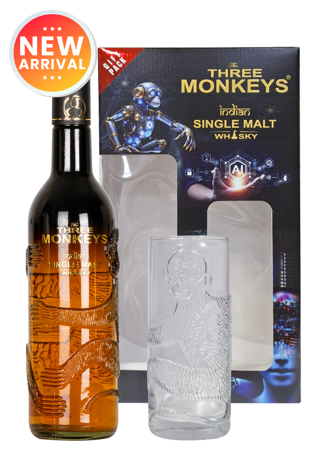 The Three Monkeys Indian Single Malt Whisky With Gift Pack 75Cl